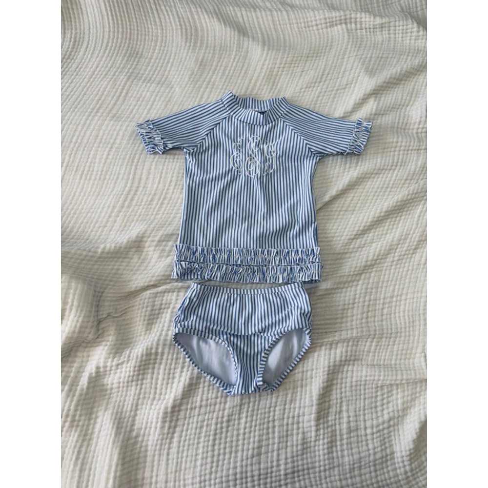 Girls RuffleButts Rashguard Swim Set 4T Blue White Striped